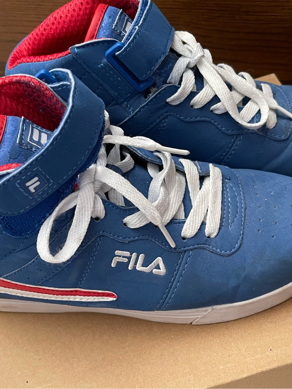 FILA Blue High-Top Sneakers with Red Lining and White Accents